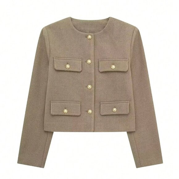 Khaki Casual Women's Tweed Jacket Round Neckline Decorated Long Sleeves Coat - Picture 7 of 8